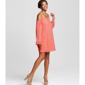 Coral long sleeve cold shoulder lace dress